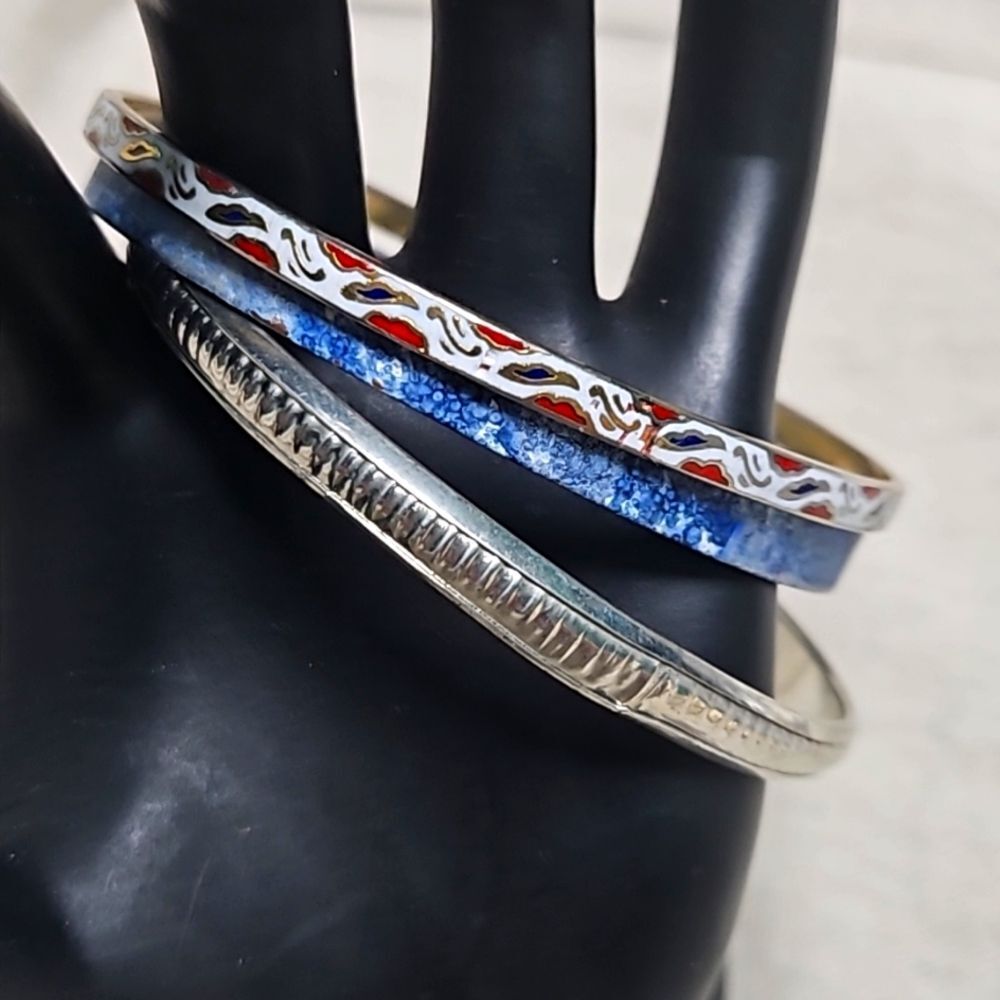 Vintage Mixed Metal Stacking Bangle Set Cloisonne… - image 1